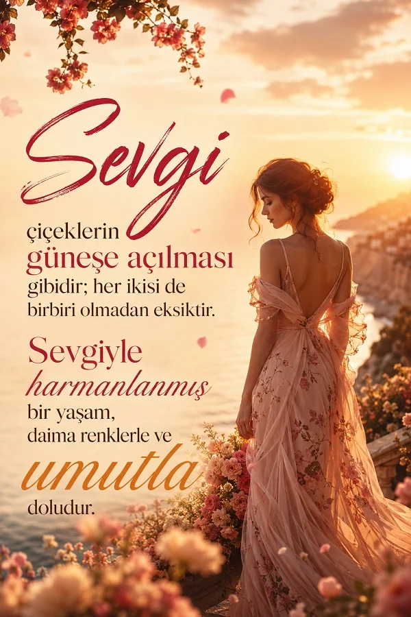 Gün batımında çiçekler arasında duran kadın ve sevginin hayatı umutla doldurduğunu anlatan romantik söz.