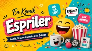 Renkli arka plan, gülen emoji, patlamış mısır ve konuşma balonlarıyla hazırlanmış komik espriler kapak görseli.