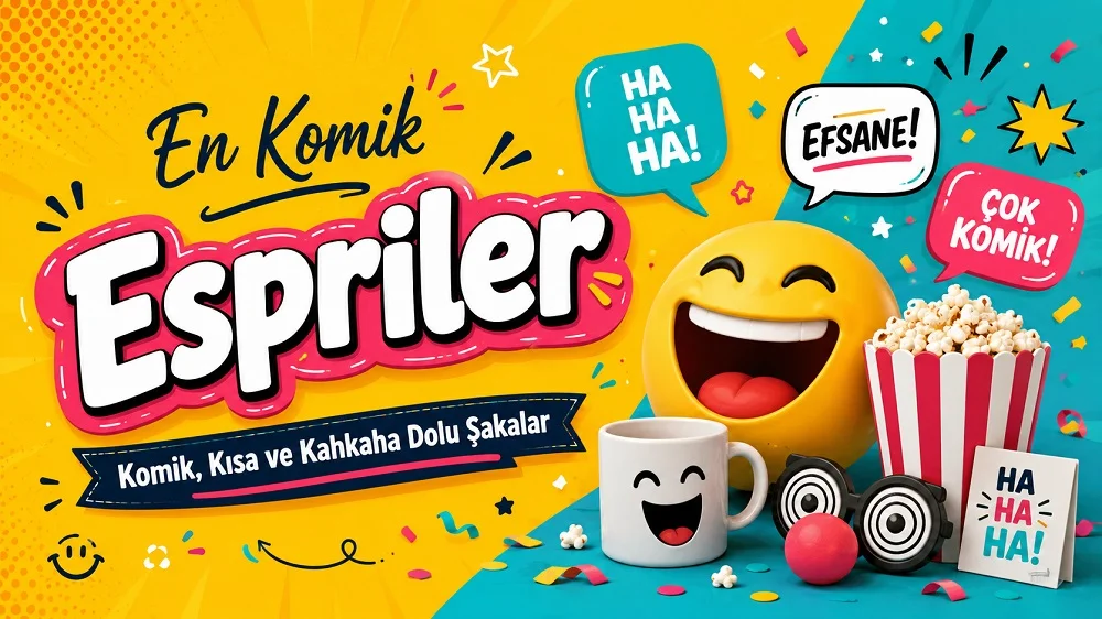 Renkli arka plan, gülen emoji, patlamış mısır ve konuşma balonlarıyla hazırlanmış komik espriler kapak görseli.