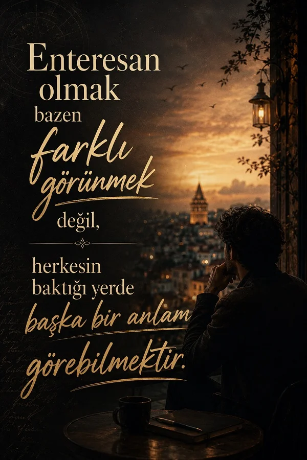 Şehir manzarasına bakan düşünceli adam ve “Enteresan olmak bazen farklı görünmek değil, herkesin baktığı yerde başka bir anlam görebilmektir.” sözü.