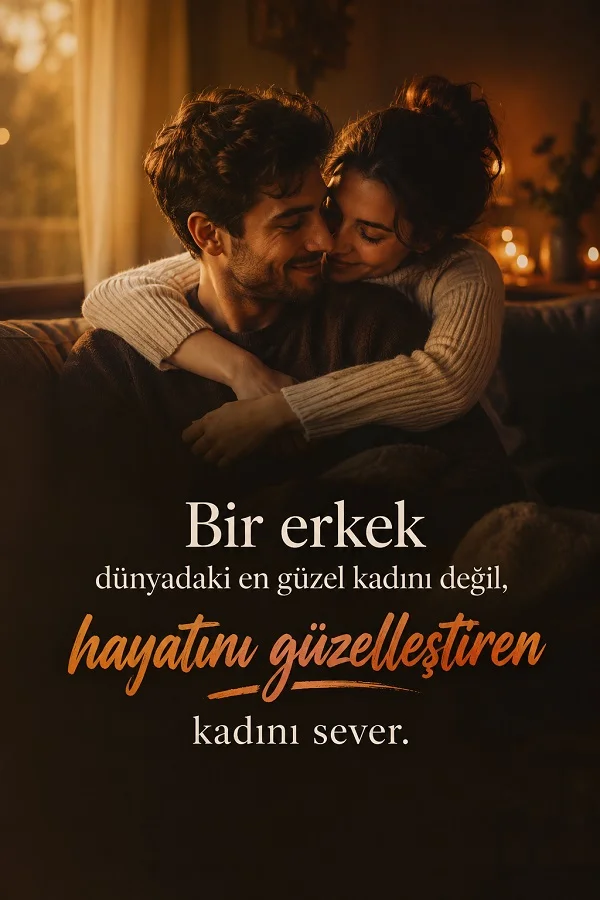 Sıcak ışıklı ortamda birbirine sarılan bir çift ve “Bir erkek dünyadaki en güzel kadını değil, hayatını güzelleştiren kadını sever.” sözü.