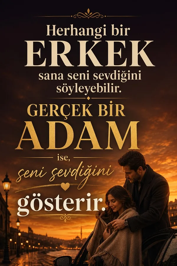 Gün batımı manzarası önünde bir erkeğin kadına şefkatle yaklaştığı sahne ve “Gerçek bir adam seni sevdiğini gösterir.” mesajlı söz tasarımı.
