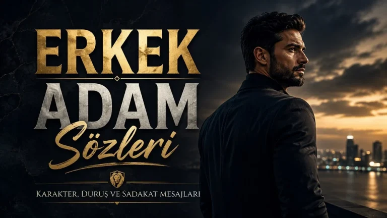 Erkek Adam Sözleri başlıklı, karanlık şehir manzarası önünde güçlü duruş sergileyen erkek figürü ve karakter, duruş, sadakat mesajları yazılı kapak tasarımı.