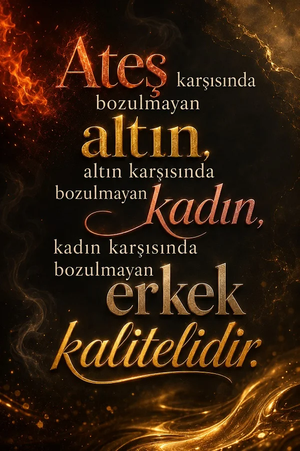 Siyah ve altın tonlu arka plan üzerinde “Ateş karşısında bozulmayan altın, altın karşısında bozulmayan kadın, kadın karşısında bozulmayan erkek kalitelidir.” sözü.