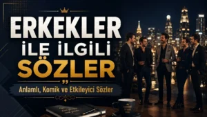 Gece şehir manzarası önünde sohbet eden erkek topluluğu ve kalın yazı tasarımıyla hazırlanmış erkekler ile ilgili sözler kapak görseli.
