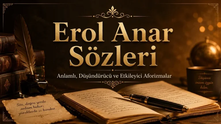 Erol Anar Sözleri yazısının yer aldığı, açık defter, dolma kalem, eski kitaplar ve altın tonlu yazı detaylarıyla hazırlanmış edebi kapak görseli.
