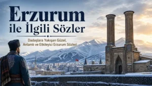 Karlı Erzurum manzarası, tarihi çift minareli yapı, Palandöken dağları ve geleneksel kıyafetli dadaş figürüyle Erzurum ile ilgili sözler kapak görseli.