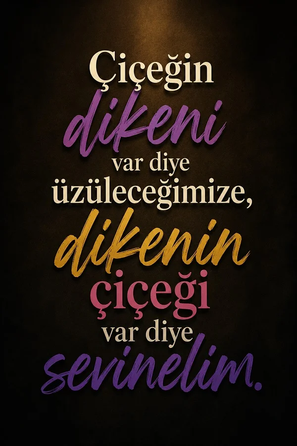 Koyu zemin üzerinde “Çiçeğin dikeni var diye üzüleceğimize, dikenin çiçeği var diye sevinelim” sözünün yer aldığı renkli tipografik tasarım.