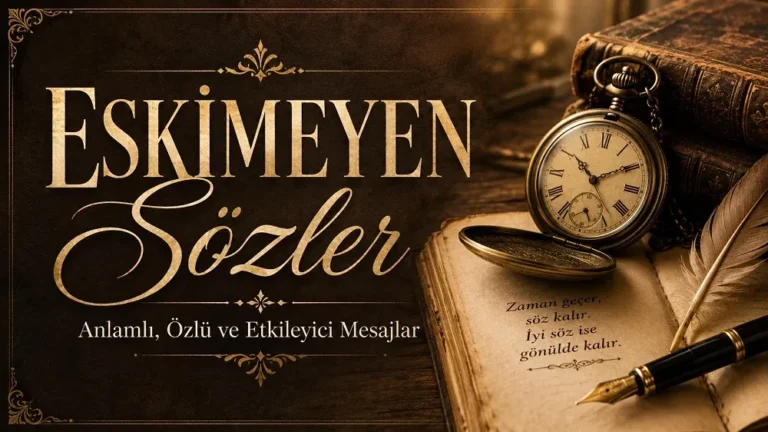 Eskimeyen Sözler yazısının yer aldığı, eski kitaplar, cep saati, açık defter ve tüy kalem detaylarıyla hazırlanmış nostaljik kapak görseli.