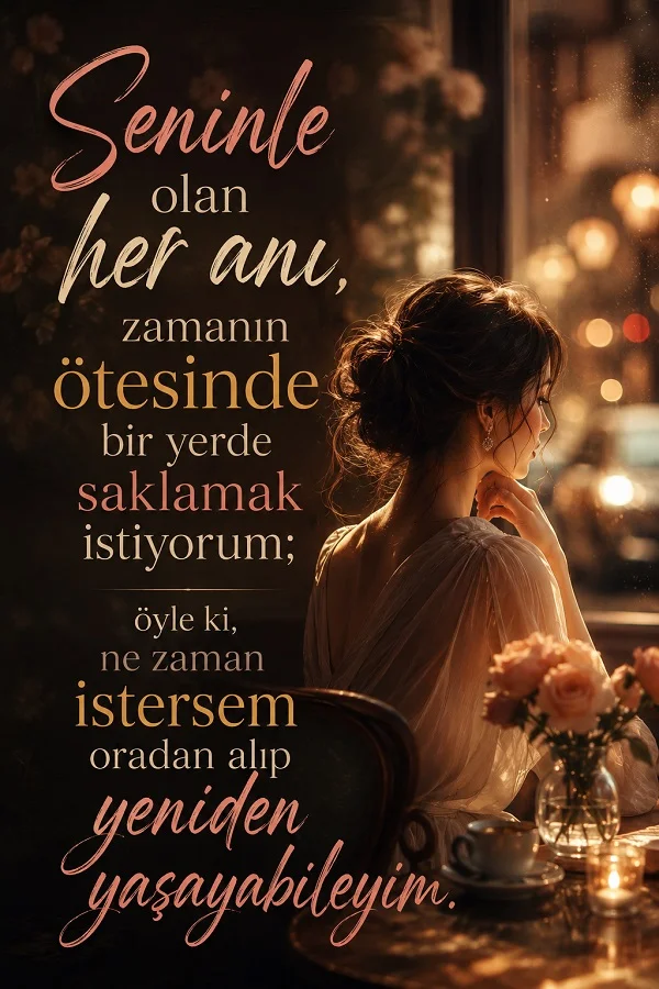 Cam kenarında oturan genç bir kadın, çiçekler ve sıcak kafe ışıkları eşliğinde “Seninle olan her anı, zamanın ötesinde bir yerde saklamak istiyorum...” sözü yer alıyor.