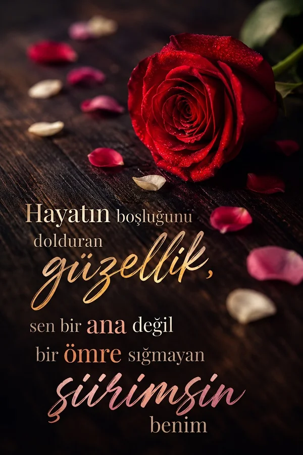 Koyu zemin üzerinde kırmızı gül ve yapraklar eşliğinde “Hayatın boşluğunu dolduran güzellik, sen bir ana değil bir ömre sığmayan şiirimsin benim” sözü yazıyor.