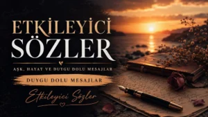 Etkileyici sözler başlıklı, gün batımı sahil manzarası, eski defter, mektup, kalem ve hüzünlü romantik detaylarla hazırlanmış duygu dolu sözler kapak görseli.