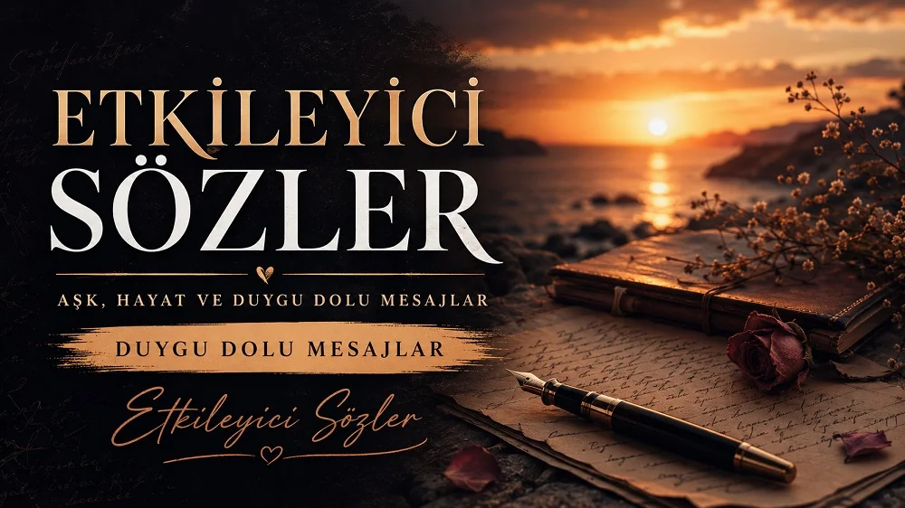 Etkileyici sözler başlıklı, gün batımı sahil manzarası, eski defter, mektup, kalem ve hüzünlü romantik detaylarla hazırlanmış duygu dolu sözler kapak görseli.