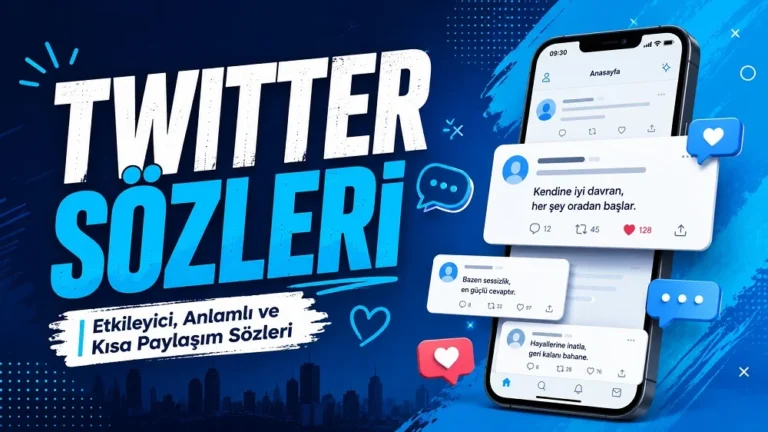 Mavi tonlarda hazırlanmış kapak görselinde, “Twitter Sözleri” başlığı, telefon ekranı, paylaşım kartları, beğeni ikonları ve sosyal medya temalı detaylar yer alıyor.