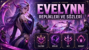 Evelynn replikleri ve sözleri başlıklı kapak görselinde, pembe ve mor büyü enerjisiyle çevrili Evelynn karakteri parlak fantastik bir savaş atmosferinde gösteriliyor.