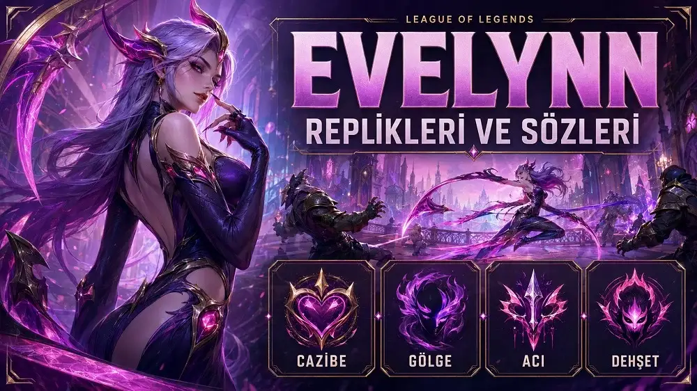 Evelynn replikleri ve sözleri başlıklı kapak görselinde, pembe ve mor büyü enerjisiyle çevrili Evelynn karakteri parlak fantastik bir savaş atmosferinde gösteriliyor.