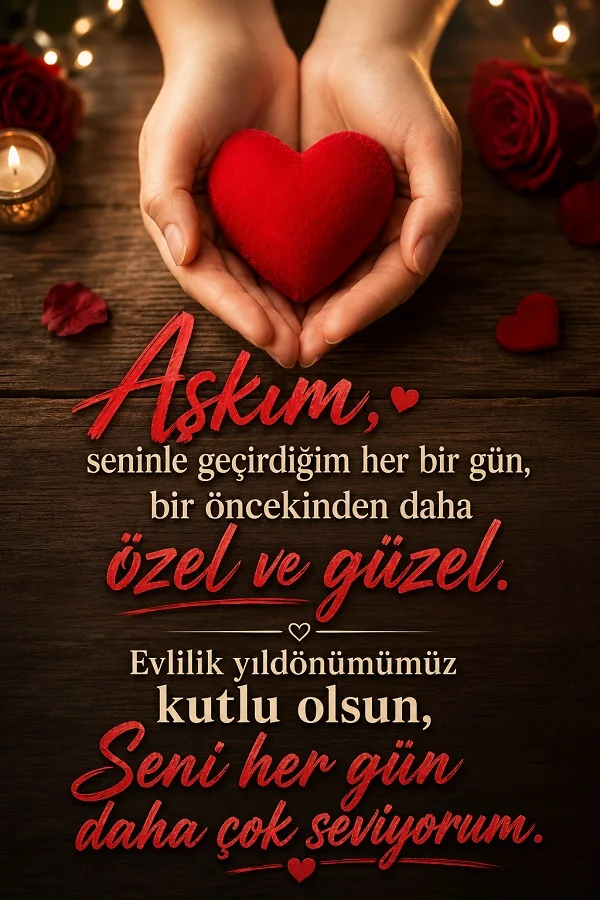 Ahşap zemin üzerinde iki elin arasında kırmızı kalp, çevrede güller ve mum bulunan romantik tasarımda “Aşkım, seninle geçirdiğim her bir gün, bir öncekinden daha özel ve güzel. Evlilik yıldönümümüz kutlu olsun, seni her gün daha çok seviyorum.” yazısı yer alıyor.