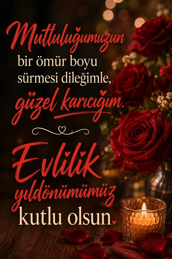 Kırmızı güller, mum ve sıcak ışıklarla hazırlanmış romantik fonda “Mutluluğumuzun bir ömür boyu sürmesi dileğimle, güzel karıcığım. Evlilik yıldönümümüz kutlu olsun.” yazılı evlilik yıldönümü mesajı.