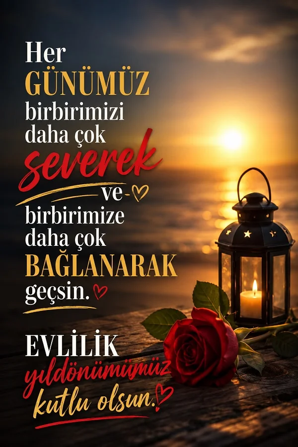 Gün batımında deniz kenarında fener ve kırmızı gül bulunan romantik tasarımda “Her günümüz birbirimizi daha çok severek ve birbirimize daha çok bağlanarak geçsin. Evlilik yıldönümümüz kutlu olsun.” yazısı yer alıyor.