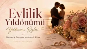 Evlilik yıldönümü mesajları başlıklı, gün batımında birbirine sarılan çift silüeti, güller, alyanslar, mum ışığı ve romantik detaylarla hazırlanmış kapak görseli.