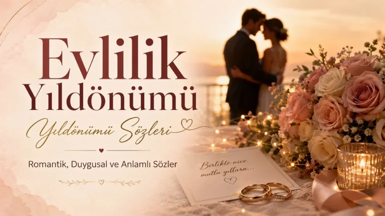Evlilik yıldönümü mesajları başlıklı, gün batımında birbirine sarılan çift silüeti, güller, alyanslar, mum ışığı ve romantik detaylarla hazırlanmış kapak görseli.