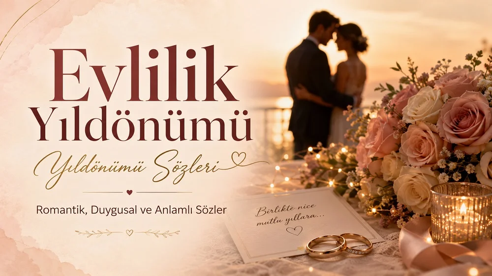 Evlilik yıldönümü mesajları başlıklı, gün batımında birbirine sarılan çift silüeti, güller, alyanslar, mum ışığı ve romantik detaylarla hazırlanmış kapak görseli.
