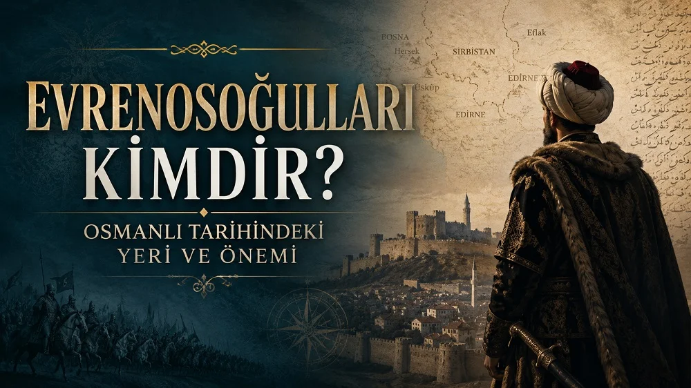 Osmanlı dönemi haritası, kale manzarası ve tarihi asker figürüyle hazırlanmış “Evrenosoğulları Kimdir? Osmanlı Tarihindeki Yeri ve Önemi” başlıklı modern kapak görseli.