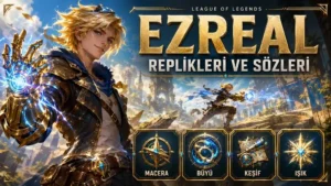 Ezreal replikleri ve sözleri başlıklı kapak görselinde, altın ve mavi büyü enerjisiyle çevrili Ezreal aydınlık bir şehir atmosferinde maceracı duruşuyla gösteriliyor.