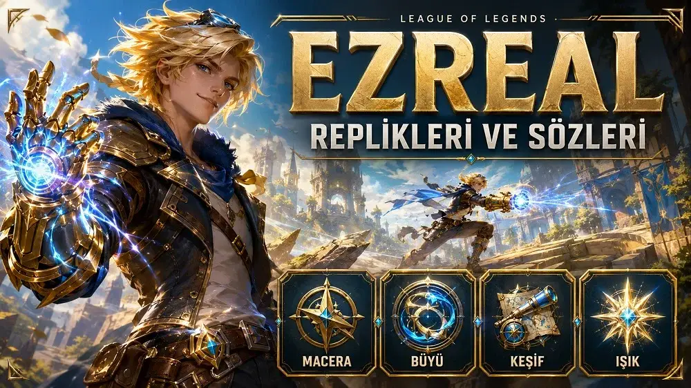 Ezreal replikleri ve sözleri başlıklı kapak görselinde, altın ve mavi büyü enerjisiyle çevrili Ezreal aydınlık bir şehir atmosferinde maceracı duruşuyla gösteriliyor.