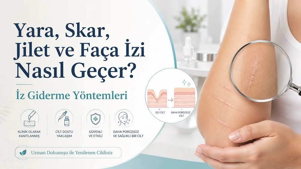 Yara, skar, jilet ve faça izi giderme yöntemleri başlıklı görselde cilt üzerindeki eski izler, büyüteç, dermatolojik bakım simgeleri ve cilt yenilenmesini anlatan medikal çizimler yer alıyor.