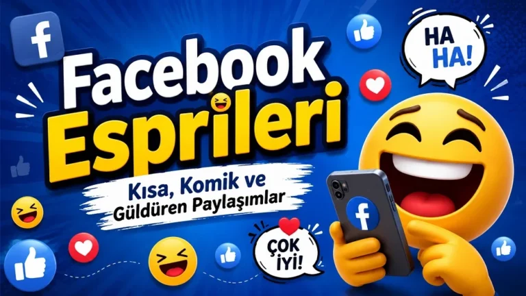 Mavi arka plan, gülen emoji, beğeni ikonları ve konuşma balonlarıyla hazırlanmış Facebook esprileri kapak görseli.