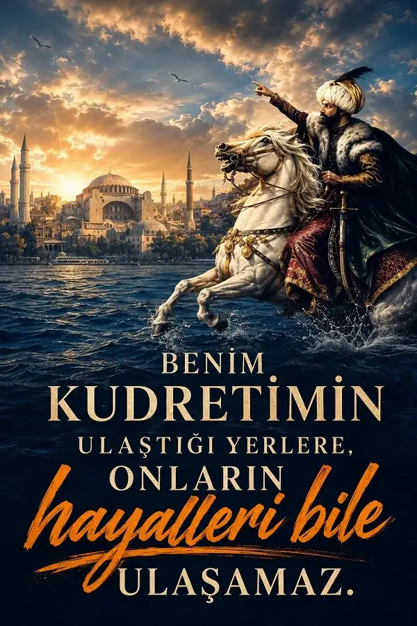 At üzerinde tarihi lider figürü, İstanbul manzarası ve kudretinin ulaştığı yerlere başkalarının hayallerinin bile ulaşamayacağını anlatan güçlü söz.
