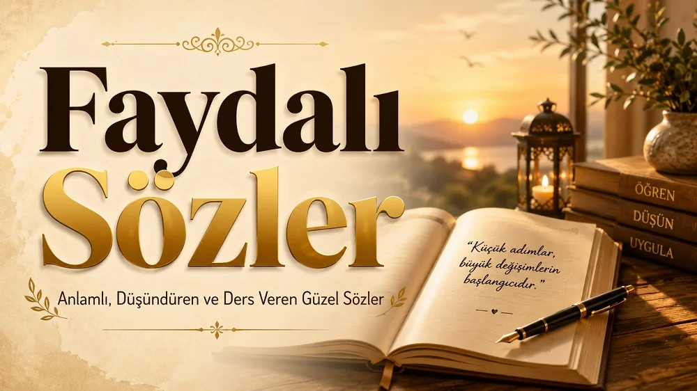 Gün batımı, açık kitap, kalem ve kitap detaylarıyla hazırlanmış faydalı sözler kapak görseli.