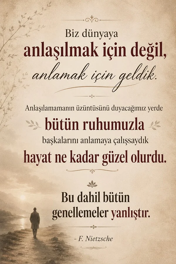 Sepya tonlu arka planda yürüyen yalnız bir figür eşliğinde, anlamak ve anlaşılmak üzerine uzun bir F. Nietzsche sözü yer alıyor.