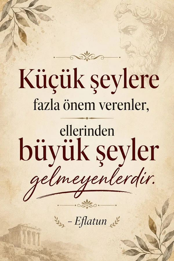 Antik motifler, yaprak süsleri ve Eflatun çizimiyle hazırlanan görselde, küçük şeylere fazla önem verenlerin büyük şeyleri başaramayacağına dair söz bulunuyor.