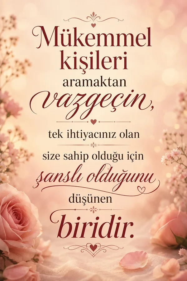 Pembe güllerle çevrili romantik tasarımda, mükemmel kişiler yerine sizi değerli gören birini bulmanın önemini anlatan söz yer alıyor.