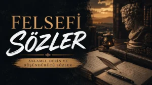 Felsefi Sözler başlıklı, antik kitaplar, açık defter, kalem ve filozof heykeliyle hazırlanmış koyu tonlu kapak görseli.