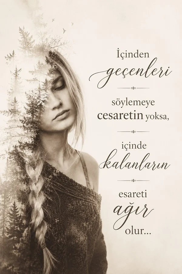 Sol tarafta hüzünlü bir kadın portresi ve ağaç dokularıyla oluşturulmuş çift pozlama efekti bulunan görselde, içinden geçenleri söyleyememenin ağır bir esarete dönüştüğünü anlatan söz yazıyor.