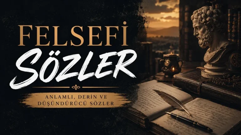 Felsefi Sözler başlıklı, antik kitaplar, açık defter, kalem ve filozof heykeliyle hazırlanmış koyu tonlu kapak görseli.