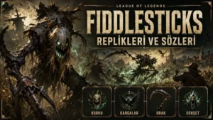 Fiddlesticks replikleri ve sözleri başlıklı kapak görselinde, korkutucu hasat tarlası atmosferinde kargalar ve yeşil sisler arasında oraklı Fiddlesticks karakteri gösteriliyor.