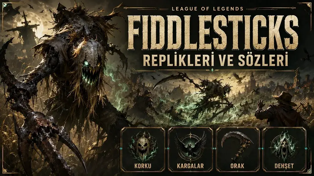 Fiddlesticks replikleri ve sözleri başlıklı kapak görselinde, korkutucu hasat tarlası atmosferinde kargalar ve yeşil sisler arasında oraklı Fiddlesticks karakteri gösteriliyor.