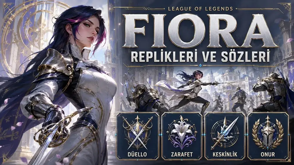 Fiora replikleri ve sözleri başlıklı kapak görselinde, beyaz ve gümüş zırhlı Fiora aydınlık saray atmosferinde kılıcıyla zarif ve güçlü bir duruş sergiliyor.