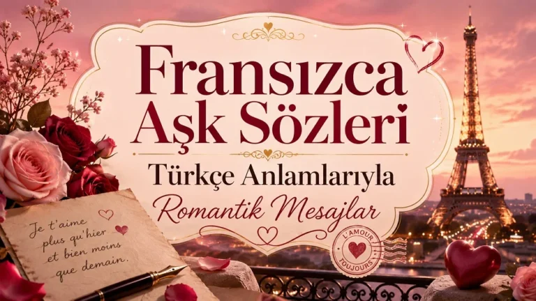 Fransızca Aşk Sözleri Türkçe Anlamlarıyla Romantik Mesajlar başlıklı kapak görselinde, Paris manzarası, Eyfel Kulesi, güller, aşk mektubu ve romantik pembe tonlar yer alıyor.