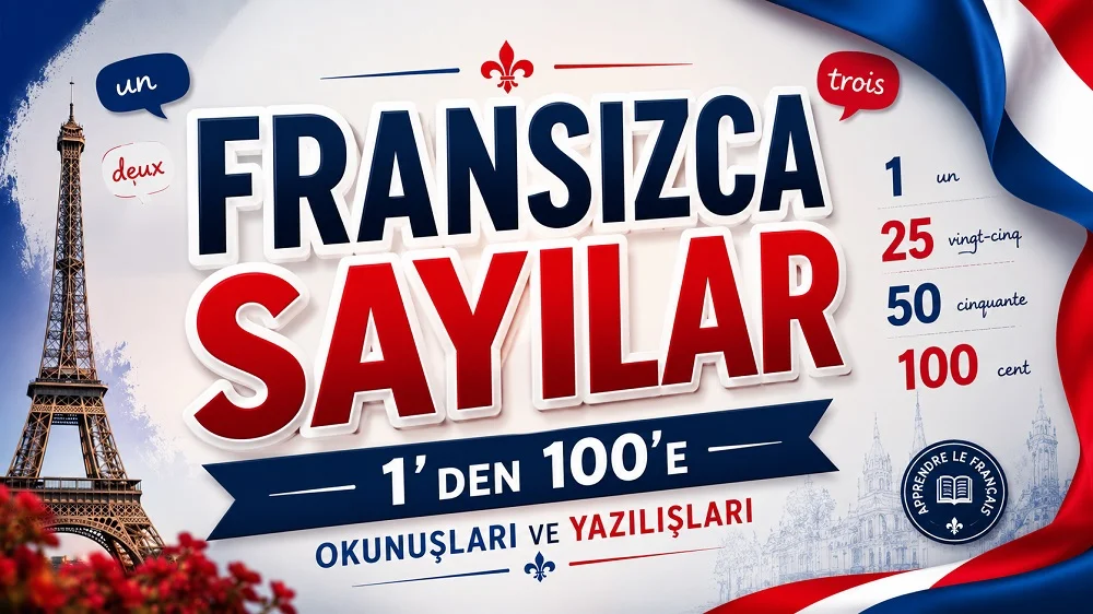 Eyfel Kulesi, Fransa bayrağı renkleri, sayı örnekleri ve büyük tipografiyle hazırlanmış “Fransızca Sayılar: 1’den 100’e Okunuşları ve Yazılışları” başlıklı modern eğitim kapak görseli.