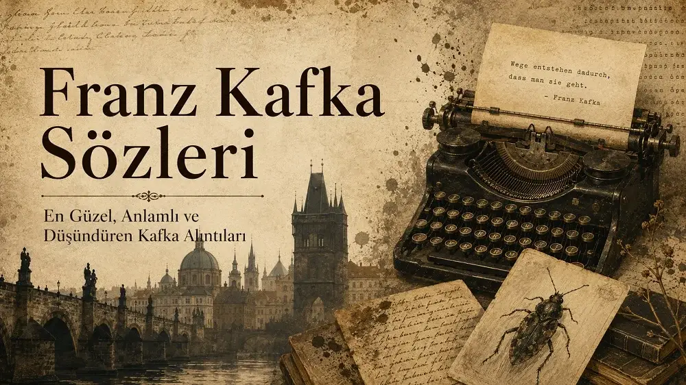 Vintage tarzda hazırlanmış Franz Kafka sözleri kapak görselinde eski bir daktilo, sararmış not kağıtları, el yazıları, böcek çizimi ve Prag şehir silüeti yer alıyor; görselde “Franz Kafka Sözleri En Güzel, Anlamlı ve Düşündüren Kafka Alıntıları” yazısı bulunuyor.
