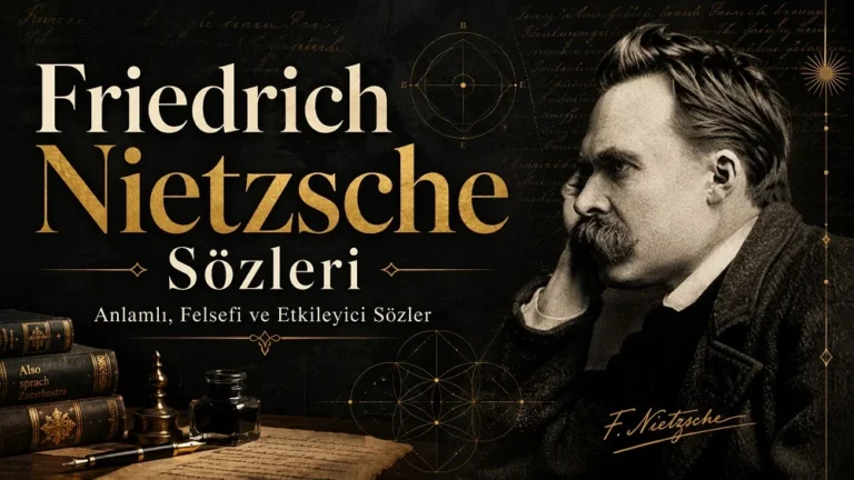 Koyu siyah ve altın tonlarda hazırlanmış, Friedrich Nietzsche portresi, kitaplar ve felsefi desenler bulunan “Friedrich Nietzsche Sözleri: Anlamlı, Felsefi ve Etkileyici Sözler” başlıklı modern kapak görseli.