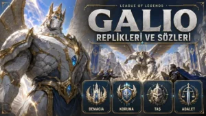 Galio replikleri ve sözleri başlıklı kapak görselinde, altın ve mavi detaylarla süslenmiş dev taş savaşçı Galio Demacia’nın aydınlık atmosferinde koruyucu bir duruşla gösteriliyor.