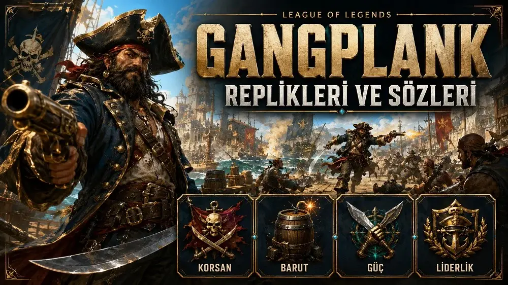 Gangplank replikleri ve sözleri başlıklı kapak görselinde, korsan kıyafetli Gangplank liman savaşında tabancası ve kılıcıyla öne çıkarken arka planda gemiler, barut fıçıları ve savaş atmosferi yer alıyor.