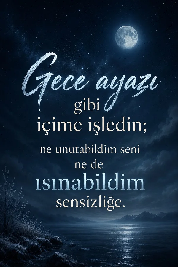 Ay ışıklı gece ve göl manzarası üzerinde “Gece ayazı gibi içime işledin; ne unutabildim seni ne de ısınabildim sensizliğe.” sözünün yer aldığı duygusal söz tasarımı.