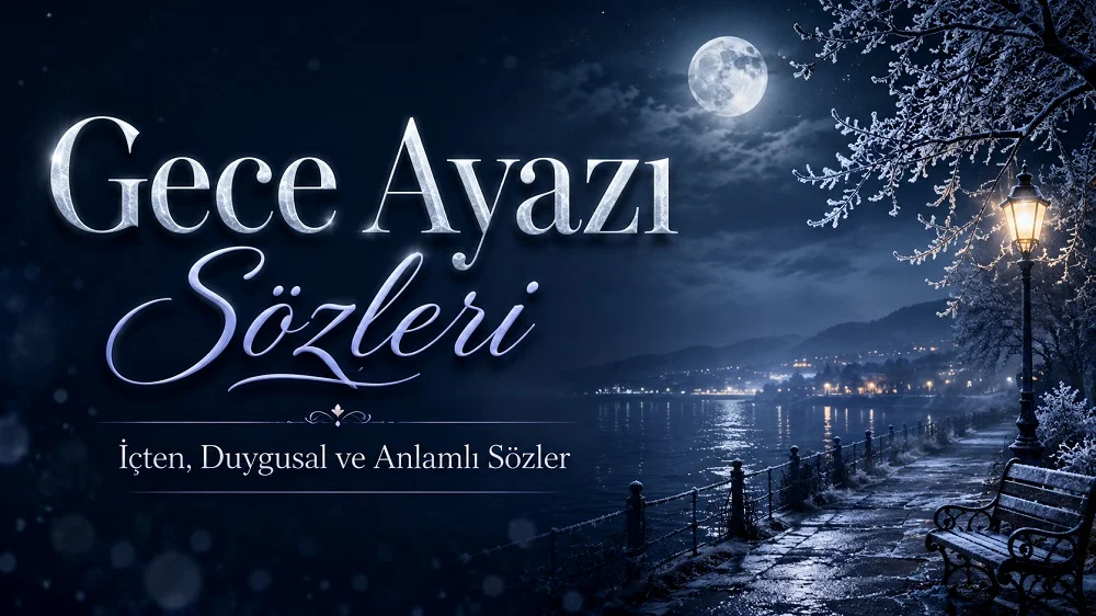 Gece Ayazı Sözleri yazısının yer aldığı, ay ışığı altında karlı göl kenarı, boş bank ve soğuk mavi tonlarla hazırlanmış duygusal kapak görseli.